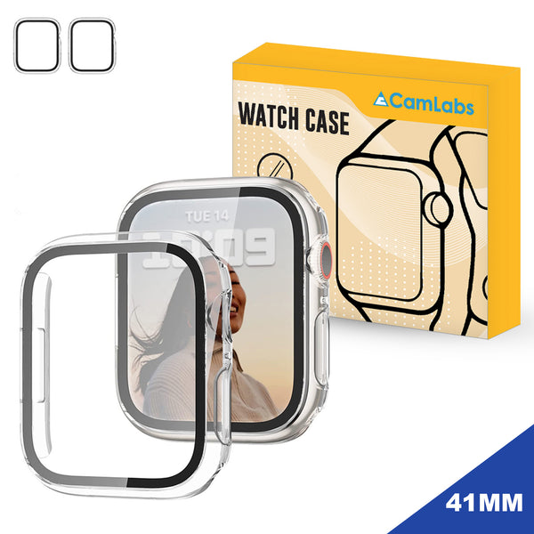 [2 Pack] CamLabs Apple Watch Case Built in Tempered Glass Screen Protector Compatible with Apple Watch Series 7 41mm, Hard PC Case Ultra-Thin Bumper Overall Protective Crystal Clear Cover- Transparent