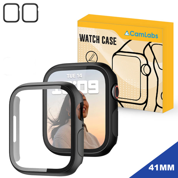 [2 Pack] CamLabs Apple Watch Case Built in Tempered Glass Screen Protector Compatible with Apple Watch Series 7 41mm, Hard PC Case Ultra-Thin Bumper Overall Protective Crystal Clear Cover - Black Case