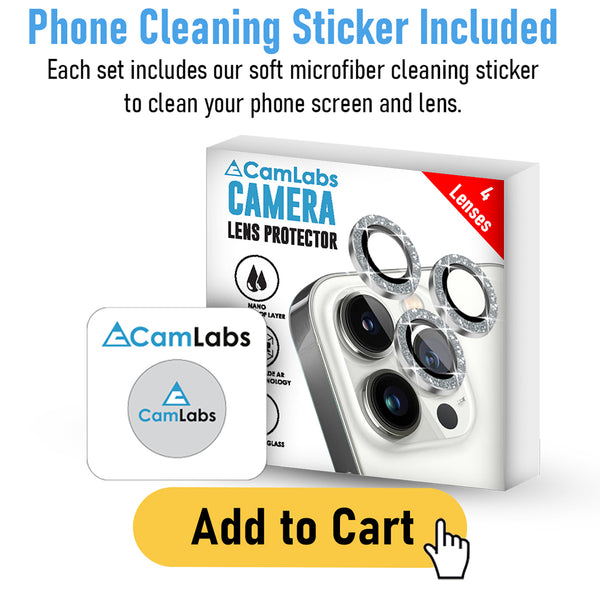 [3+1] CamLabs iPhone 13 Pro & iPhone 13 Pro Max Camera Lens Protector - 4PC Set Anti-Scratch, 9H Hardness Tempered Glass - Case Friendly, Easy to Install iPhone 13 Pro Max Screen Protector For Lenses, Microfiber Phone Cleaning Sticker - Silver Diamond