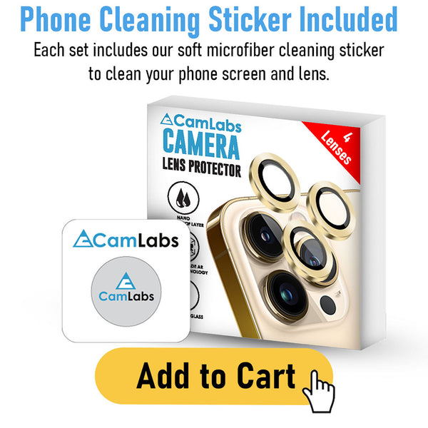 [3+1] CamLabs iPhone 13 Pro & iPhone 13 Pro Max Camera Lens Protector - 4PC Set Anti-Scratch, 9H Hardness Tempered Glass - Case Friendly, Easy to Install iPhone 13 Pro Max Screen Protector For Lenses, Microfiber Phone Cleaning Sticker Included - Gold
