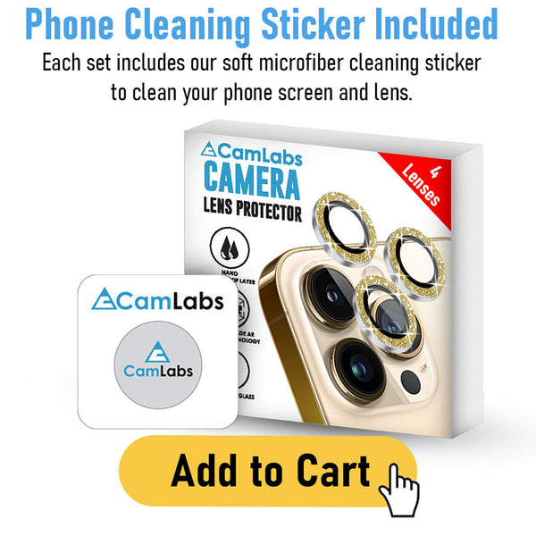[3+1] CamLabs iPhone 13 Pro & iPhone 13 Pro Max Camera Lens Protector - 4PC Set Anti-Scratch, 9H Hardness Tempered Glass - Case Friendly, Easy to Install iPhone 13 Pro Max Screen Protector For Lenses, Microfiber Phone Cleaning Sticker - Gold Bling