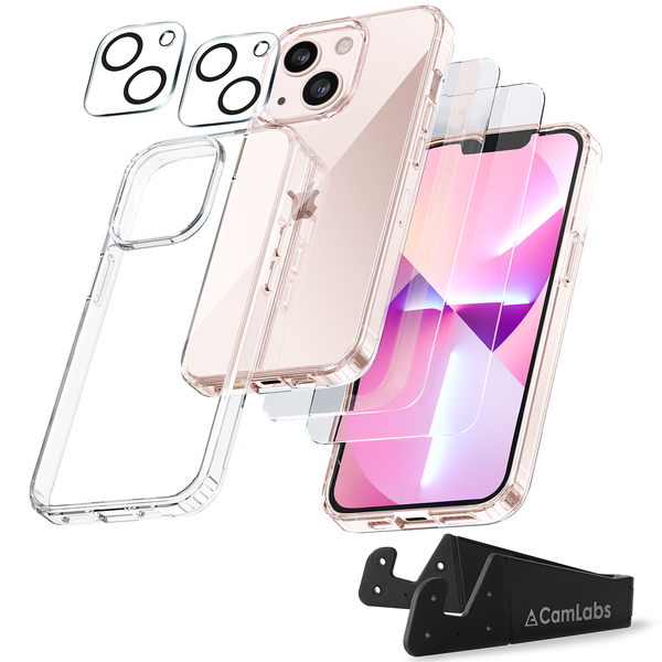 CamLabs [7 in 1] Defender iPhone 13 Case 6.1 Inch, with 2 Pack Tempered Glass Screen Protector + 2 Pack Camera Lens Protector [Military Grade Protection] + Phone Stand, Clear Shockproof Slim Thin