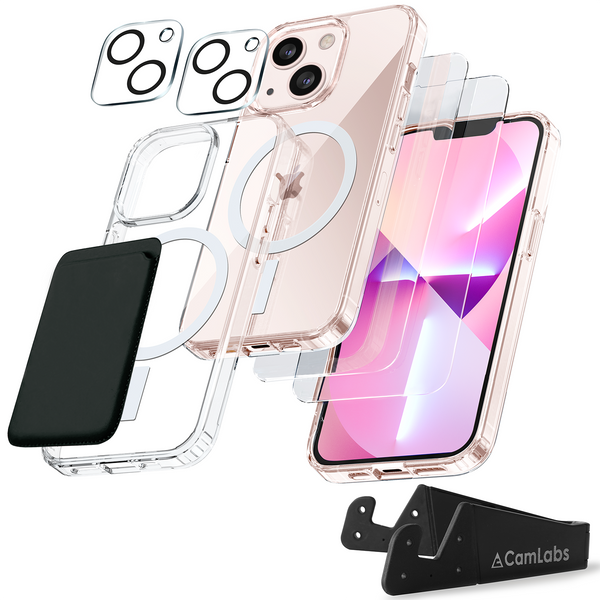 CamLabs [8 in 1] Defender iPhone 13 Case 6.1 Inch, 2 Pack Tempered Glass Screen Protector + 2 Pack Camera Lens Protector + Magnetic Wallet + Phone Stand, Clear Shockproof Slim Thin