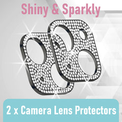 [2 Pack] CamLabs Bling Camera Lens Protector for iPhone 13 6'1" & iPhone 13 Mini 5.4"- Diamond Glitter iPhone 13 Camera Lens Cover - Case Friendly, Easy to Install, Microfiber iPhone Cleaning Sticker Included - Black+Black