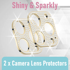 [2 Pack] CamLabs Bling Camera Lens Protector for iPhone 13 Pro 6'1" & iPhone 13 Pro Max 6.7"- Diamond Glitter iPhone 13 Pro Camera Lens Cover - Case Friendly, Easy to Install, Microfiber iPhone Cleaning Sticker Included - Gold+Gold